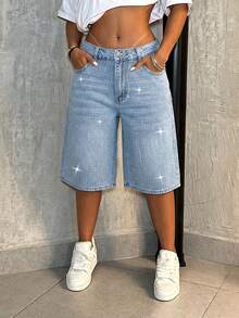 Low-Waist Distressed Denim Shorts With Sequins & Rhinestones, Loose Fit Straight Leg, Suitable For Parties, Music Festivals, Dates, Shopping, Street Style, Summer Casual - Medium Wash - View 4