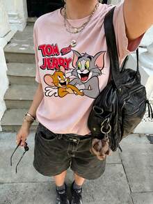SHEIN X Tom & Jerry 夏季女款短袖T恤，女孩約會、街拍、夏季購物、校園出遊、度假休閒粉色休閒風 - 粉色 - 查看 4