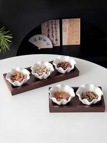 1pc Chinese Tea Snack Plate, Lotus Ceramic Dish, Vintage Home Dry Fruit Plate Set, Candy Snack Tray, Tea Snack Plate, Wooden Serving Tray, Compartment Plate, Ceramic Bowl - Multicolor - View 6