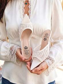 New Elegant Lace & Mesh Slip-On Pointed Toe High Heel Summer Sandals For Women, Asymmetrical Pattern, Beige - Beige - View 3