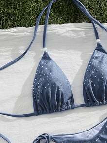 Women's Summer New European And American Beach Vacation Style Rhinestone Backless Tie Front Split Bikini Set - Dusty Blue - View 5