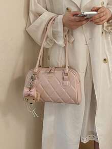 Women's Retro Solid Color PU Leather Shoulder Bag, Large Capacity Multi-Pocket Design With Detachable Decorative Pendant - Pink - View 4