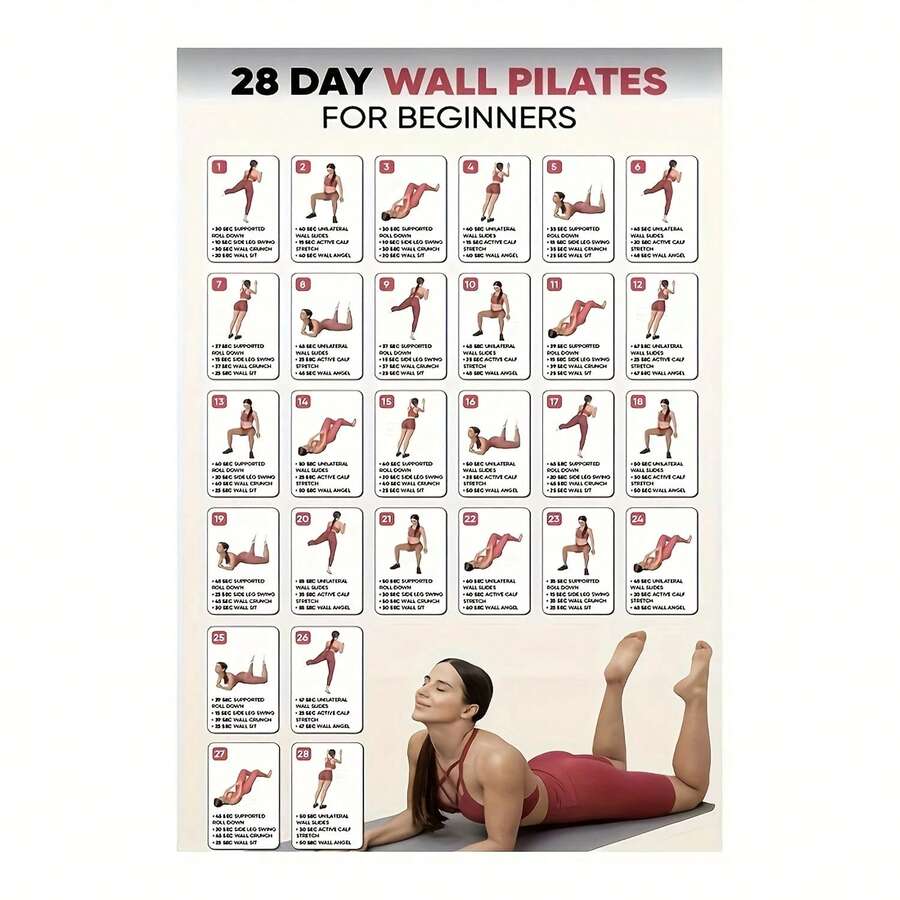 28-Day Wall Pilates For Beginners Canvas Print - Unframed 12x18" Yoga Poster With Step-By-Step Instructions & Illustrations, Perfect For Home Gym, Living Room, Bedroom, Or Office Decor, Pilates For Beginners - Multicolor - View 1