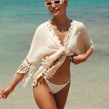 Hand-Crocheted Fringed Cardigan, Vacation-Style Beach Cover-Up, Sun-Protective Bikini Cardigan - Apricot - View 5