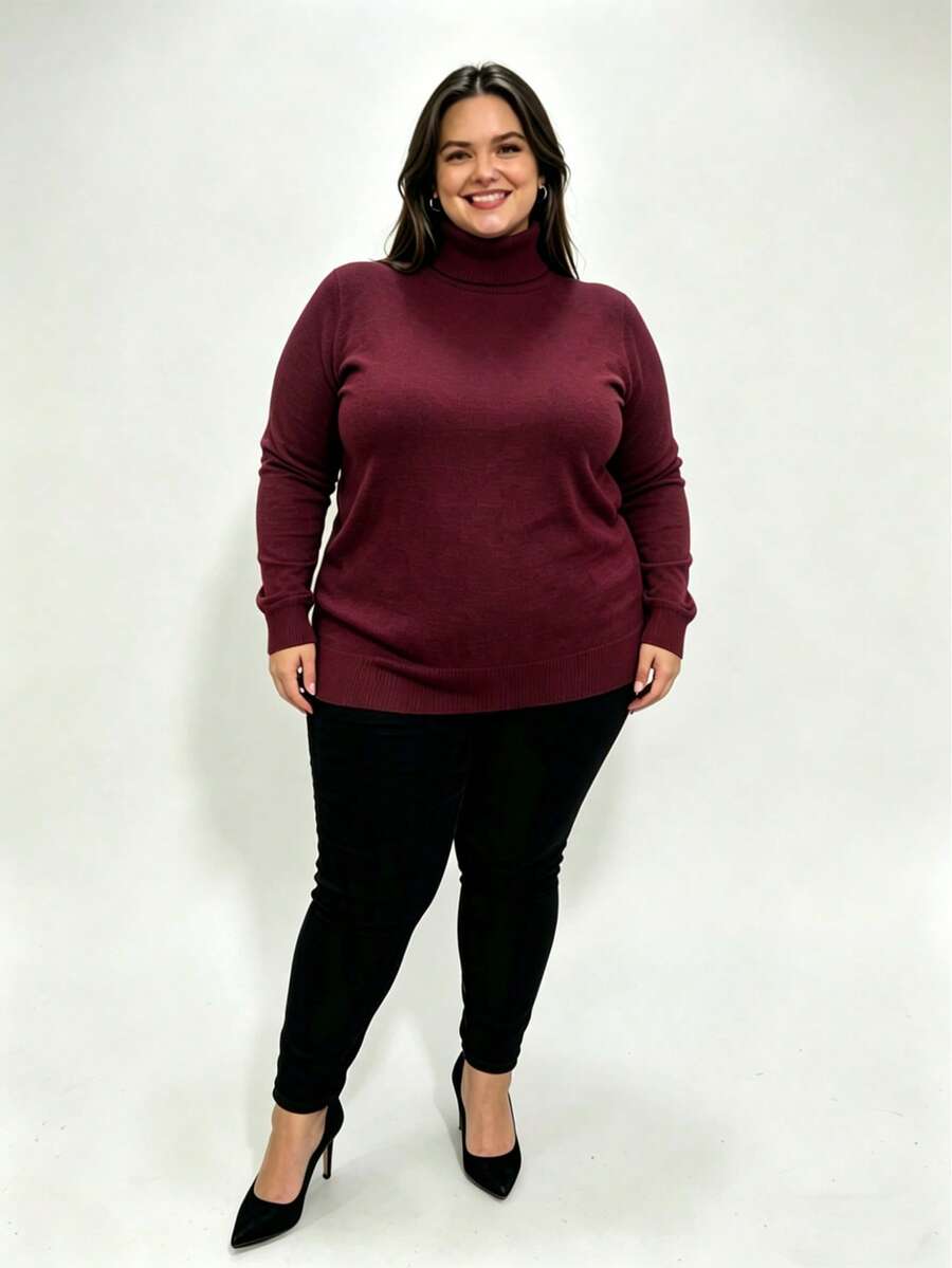 Steve Store Women's Fashion Knitwear Turtleneck Plus Size Spandex Sweater High Neck Long Sleeve Blouse Basic Winter Blouse Elegant Fashion - vinho - 查看 1