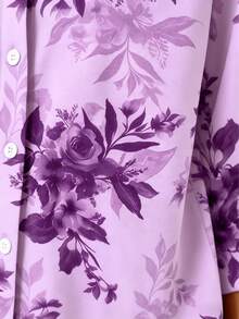 New Women's Plus Size Long Sleeve Casual Shirt - Classic Print, Turn-Down Collar, Button Design, Suitable For Spring, Summer, Autumn, Winter, Daily Wear, Lightweight Casual, Vacation Travel, Holiday, Party, Breathable Lightweight Fabric, Machine Washable, Easy Care Material - Purple - View 4
