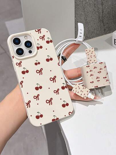 Heart & Bow Silicone Phone Case, Liquid Beige Anti-Drop Protective Cover + Charging Cable Protector Suitable For IPhone 16 Pro Max/11/12/13/14 Plus/15 Pro/XS/XR/17/17 Pro/17 Pro Max, Unisex, Suitable As Holiday Gift
