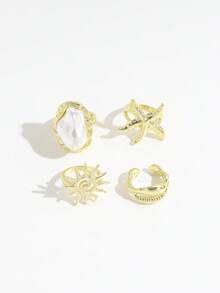 4pcs Ocean Life Seashell, Starfish, Swirl, Sun Baroque Pearl Shape Boho Vintage Style Gold Color Rings For Women - Gold - View 6