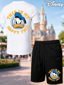 Mens 2PC Outfits Disney Donald Duck Officially Licensed , Graphic Tees This Is My Happy Face Print, Shorts For Men Summer Clothes Casual Streetwear 2PC Set - White - View 2