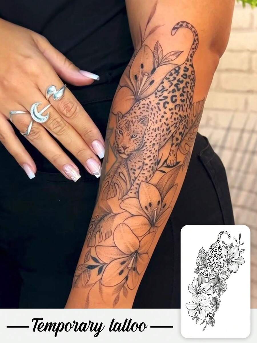 这款临时纹身贴纸采用霸气的豹纹设计,搭配热带花卉植物图案。防水防汗,可水洗,不反光。本产品防水防汗,可连续使用3至5天。 - 黑色 - 查看 1