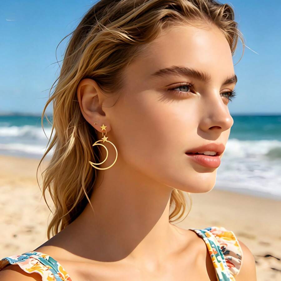 Simple Geometric Moon Hoop Earrings With Matching Mini Star Studs, Waterproof Stainless Steel Ear Jewelry, Versatile Casual Women's Earrings - Silver - View 1