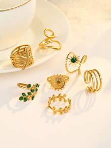 7pcs Set Minimalist Stainless Steel Rings With Emerald Green Stones, Starfish, Leaf, Sun Shaped, Suitable For Women's Daily Wear Or Gift - Yellow Gold - View 3