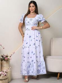 Women's Long Printed Premium Luxury Elegant Casual Party Dress With Ruffled Fabric, Perfect For Weddings, Home, Baby Showers, And Dates. - 白色 - 查看 4