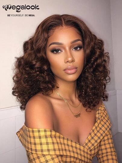 MEGALOOK 6x6 T Part Lace Front Wig Chocolate Brown Bouncy Curly 100% Human Hair 16-26 Inch Bleached With Tiny Knots Beginner Friendly Natural Daily Office Halloween Party Y2K Style Vacation Outdoor Cosplay School Festival Wedding Preparation For Women