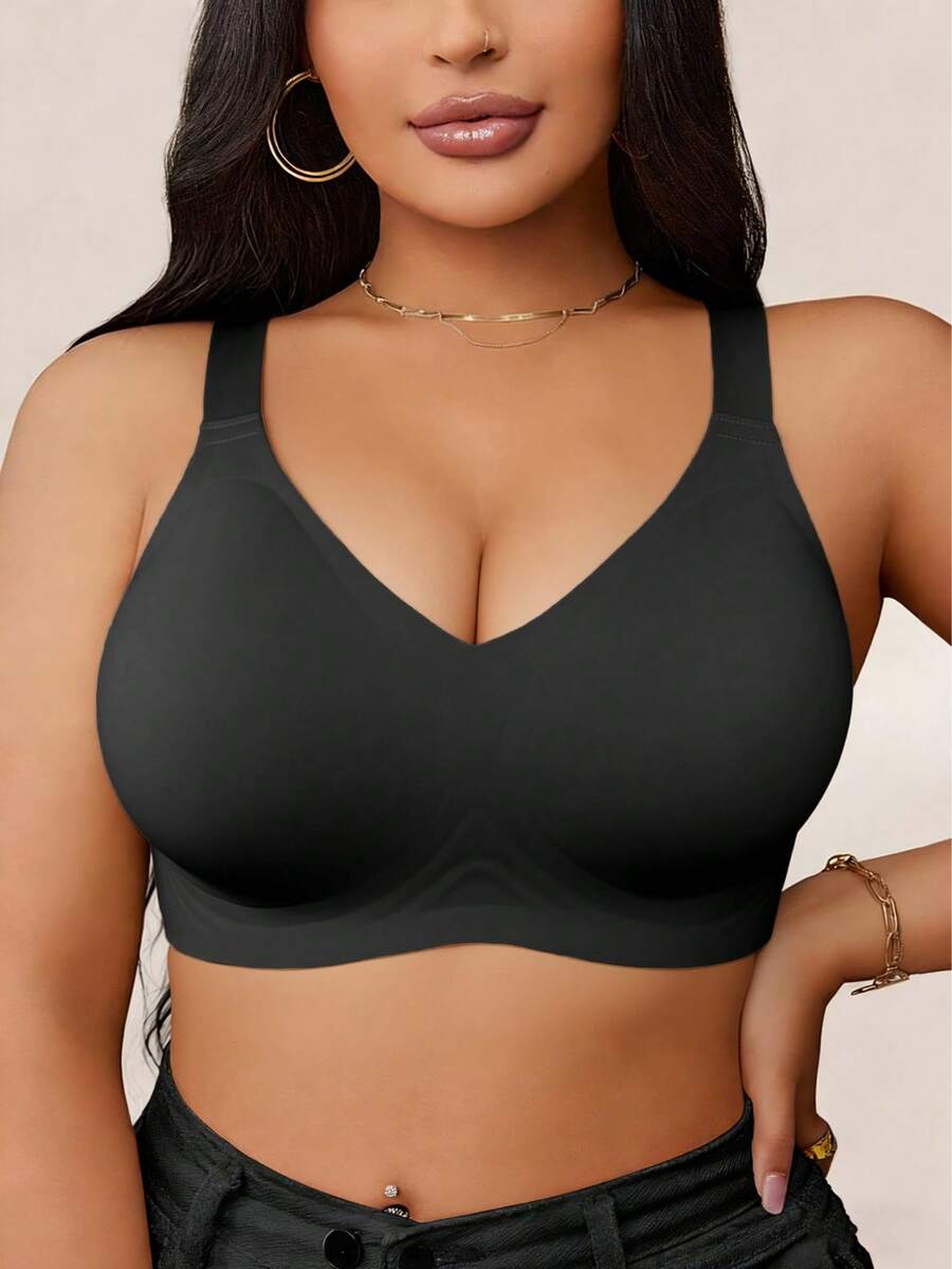 1 pieza Sujetador inalámbrico de cobertura total con textura de gelatina, talla grande, relleno extraíble, unicolor básico cómodo para uso diario - Negro - Ver 1