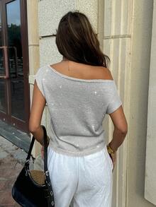 Women's Casual Elegant Shiny Sparkly One Shoulder Knitted Sweater Tank Top Old Money Style Vacation Holiday Summer - Silver - View 10