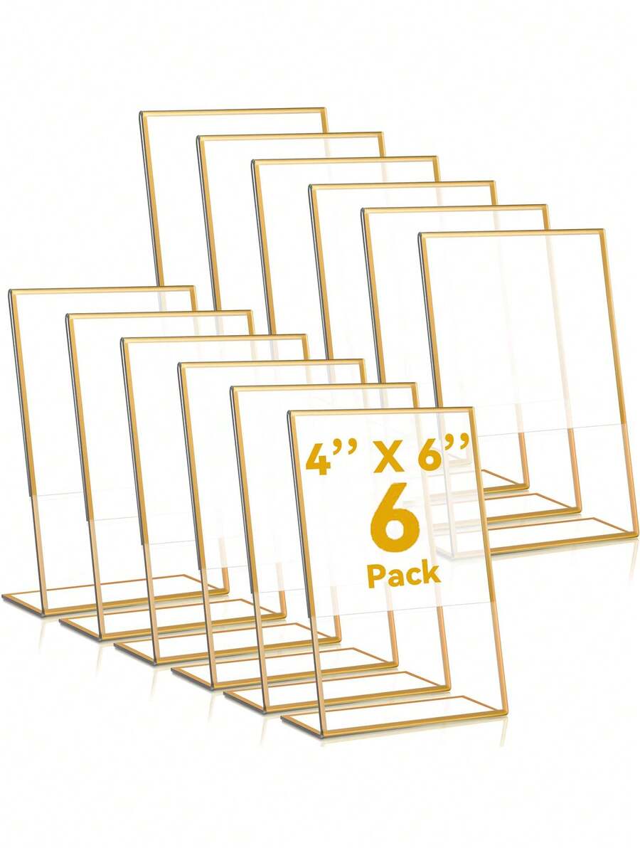 6pcs 4 X 6 Inch Gold Acrylic Sign Holder, Photo Frame, Vertical Desktop Sign Holder, Transparent Back Menu Display, Suitable For Wedding, Restaurant, Office, Store, Hotel