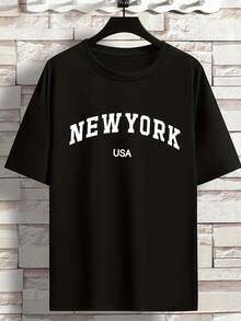 Camiseta de manga corta de gran tamaño para hombre y joven - Beige con estampado gráfico de Nueva York, EE. UU.| Blusa Casual de Cuello Redondo y Corte Holgado - Perfecta para Primavera, Verano, Otoño, Prenda Básica del Guardarropa, Tallas Grandes, Disfraz de Halloween - Negro - Ver 1