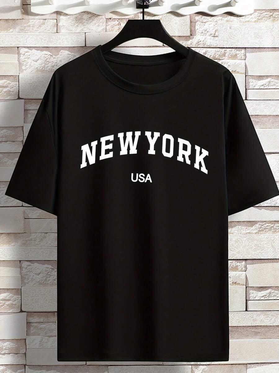 Camiseta de manga corta de gran tamaño para hombre y joven - Beige con estampado gráfico de Nueva York, EE. UU.| Blusa Casual de Cuello Redondo y Corte Holgado - Perfecta para Primavera, Verano, Otoño, Prenda Básica del Guardarropa, Tallas Grandes, Disfraz de Halloween - Negro - Ver 1