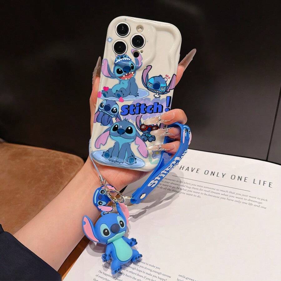 Disney Has Authorized, Phone Case - Chain Set, The Stitch Lilo & Stitch Phone Case Plus A Silicone 3D Or Fluffy Style Stitch Bracelet With Metallic Ring Removable Bracelet, Stitch And Angel Pattern, Compatible With Iphone 17/16/15/14/13/12/11/XS/XR/X Plus Pro Max, Wavy Design Phone Case For Girl, A Stylish Cartoon Summer Phone Case, The Perfect Gift Choice, Phone Protection, Durable Phone Cover, Great Gift For Friends And Family - Màu trắng kiểu A - Xem 1