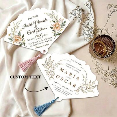 Customized Wedding Fan Invitation, Personalized Tassel Hand Fan, Summer Outdoor Wedding / Bridal Party Ceremony Card, Customized Wedding Favor Fan, Customizable Text Invitation Card, Personalized Card, Perfect Favor For Garden Party