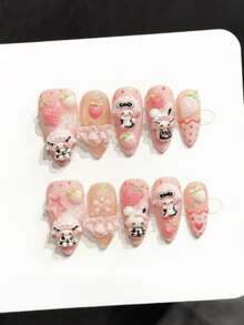 10pcs Handmade Almond Shaped Press-On Nails, Medium Pink Acrylic Nails, Cat Eye French Ombre Tips, 3D Bear Strawberry Polka Dot Nail Art, Summer Party Daily Date Vacation Outfit DIY Fake Nails Nail Art, Women Girls Gift Nail Supplies - Multicolor - View 2