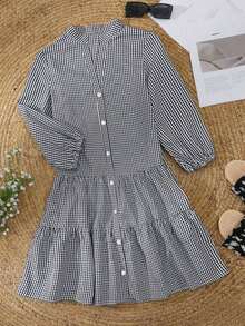camisa de manga 3/4 holgada con cuello alto a cuadros, vestido de mujer casual de tela tejida con volantes y botones, de moda y caliente en el extranjero, adecuado para vacaciones, hogar, uso diario, fiesta de cumpleaños, sesión de fotos, ele - Negro - Ver 3