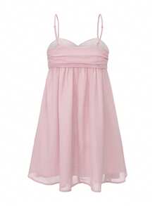 Vestido Mini Slip Feminino ARA CHIC, Caimento Babydoll Fluido com Alças Finas, Busto Torcido e Franzido em Chiffon, Vestido de Verão para Praia e Férias, Looks Sexy Baddie - Rosa chiclete - Visão 7