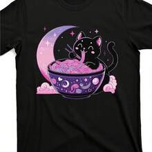 Pastel Gothic Cute T-Shirt-Black Purple Powder Ramen Bowl Pattern-Soft Breathable Round Neck Top-Cute Cat Eat Ramen Funn - màu đen - Xem 1