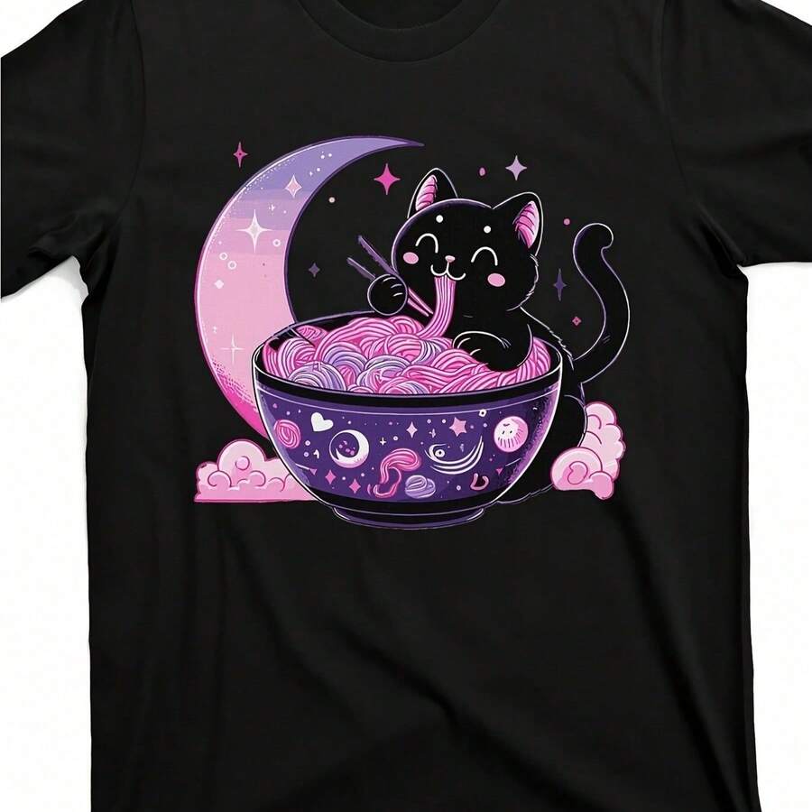 Pastel Gothic Cute T-Shirt-Black Purple Powder Ramen Bowl Pattern-Soft Breathable Round Neck Top-Cute Cat Eat Ramen Funn - màu đen - Xem 1