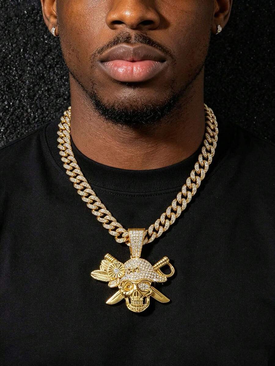 1 chiếc dây chuyền nam kiểu mắt xích Cuban Link đính đá toàn bộ theo phong cách hip hop, mặt dây chuyền hình chân dung cướp biển cổ điển. - phong cách A - Xem 1