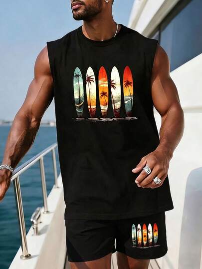 Men's Summer Round Neck Casual Tank Top And Shorts Set