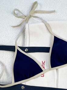 Traje de baño para mujer Swim Mod 2026 Primavera/Verano, con tirantes finos y cuello halter, en azul marino y amarillo en contraste, conjunto de bikini con lazo lateral para vacaciones. - Azul 2 - Ver 4