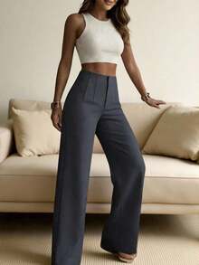 Pantalones rectos de pierna ancha de unicolor para mujer, pantalones casuales de pierna recta, versátiles para diversas ocasiones y para ir al trabajo, color blanco primaveral - Gris Oscuro - Ver 4
