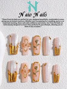 NAIO 10片/套 手工美甲贴片，三种尺寸可选：棺材形/杏仁形/短方形甲片，Y2K 复古风，裸色、白色和金色法式边，饰有花卉浮雕、闪粉、金属玫瑰和金珠，乳霜质地，适合女性和女孩，可用于派对、日常佩戴，附赠工具包，是送给女士美甲爱好者的绝佳礼物。 - 彩色 - 查看 14