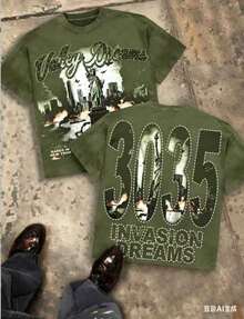 Valley Dreams Statue Of Liberty & City Explosion & "3035 INVASION DREAMS" Text 230g Combed Washed Cotton T-Shirt, Street Short-Sleeve Top, American - 綠色 - 查看 9
