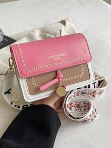 Bolso de mano de moda para mujer, nueva bolsa cruzada versátil, diseño de color block casual, bolsa cuadrada pequeña, correa ancha, adecuada para fiesta, cita, escuela, actividades al aire hace un gran regalo - Rosado Sandía - Ver 8