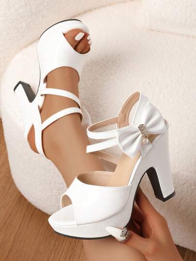 2026 New Bowknot Open Toe High Heel Sandals, Waterproof Platform Thick Heel Sandals For Women, Plus Size