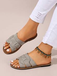 Ximi Ruo Sandalias planas tipo diapositiva de estilo coreano casual, de punta abierta, estilo romano trenzado, adecuadas para primavera, verano, exteriores, playa, apartamento, color marrón, diseño plano, versátil para vestidos - Gris - Ver 2
