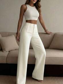 Pantalones rectos de pierna ancha de unicolor para mujer, pantalones casuales de pierna recta, versátiles para diversas ocasiones y para ir al trabajo, color blanco primaveral - Blanco - Ver 4