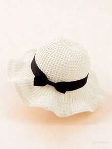 1pc Kids/Baby Oversized Knitted Lace Bow Sun Hats, Breathable UV Ion Daily Sunhat For Boys Girls, Spring/Summer/Autumn - Beige Black Strap - View 9