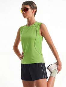 Leorrey 1pc Women's Fashion Contrast Color Round Neck Sleeveless Cover-Up, Suitable For Dance, Yoga, Pilates, Running, Fitness, Hiking, Cycling Sports - Green - View 4