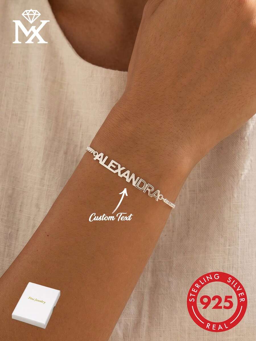 1 pieza Pulsera de eslabón cubano de plata de ley 925 personalizada, se puede grabar con un nombre, regalo para el Día de la Madre y el Día de San Valentín - Plateado - Ver 1