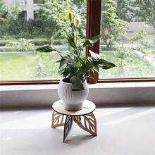 Wooden Plant Stand With Hollow Leaf Pattern Decorative Flower Pot Holder, Natural Wood Shelving Unit For Indoor Plants And Home Decor - A - View 3