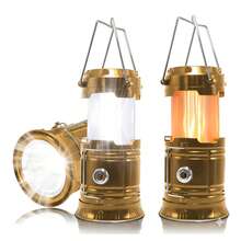 Solar-Powered Camping Lantern With White Light + Flame, 3-In-1 Handheld Flashlight, USB Rechargeable Lamp - Dorado - View 1