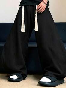 Men's Grey Thick Rope Drawstring Loose Wide Leg Casual Pants - Black - View 3