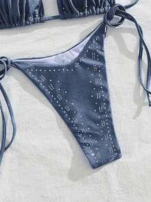 Women's Summer New European And American Beach Vacation Style Rhinestone Backless Tie Front Split Bikini Set - Dusty Blue - View 4
