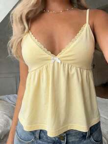Women's Y2K Style Lace Trim Bow Decor Camisole Top, Yellow Casual Shirt Suitable For Street, Date, Office And Home Summer - Yellow - View 5