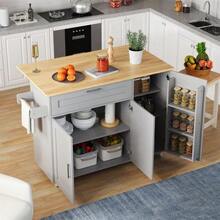Large Mobile Kitchen Table (L132.5 X W44(70) X H90 Cm), Foldable Worktop, Oak Grain, Multifunctional Cabinet, Spice Rack, Towel Rail, 5 Casters, Suitable For Kitchen/Dining/Home - Gray - View 4
