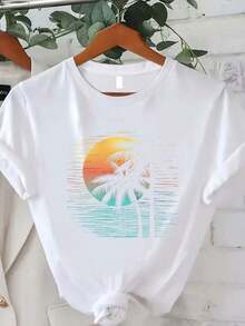 Women's T-Shirt With Sunset Coconut Tree Print, Summer Fashion For Women, Casual, Comfortable, Soft, Sporty And Fitness, Breathable, Round Neck And Short Sleeve For Daily Outdoor Wear - 白色 - 查看 5
